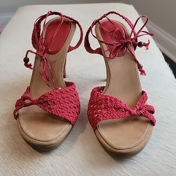 Cole Haan Shoes - COLE HAAN Lyris Red Macrame Woven Sandal Rope Open Toe Ankle Wrap Cork Heel
